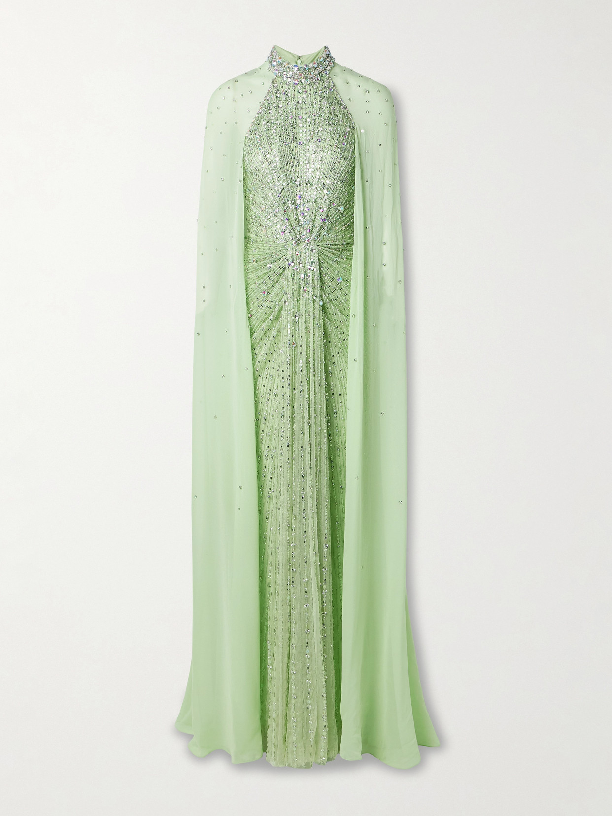 Jenny Packham Cape-effect Embellished Georgette-trimmed Tulle Gown In Green