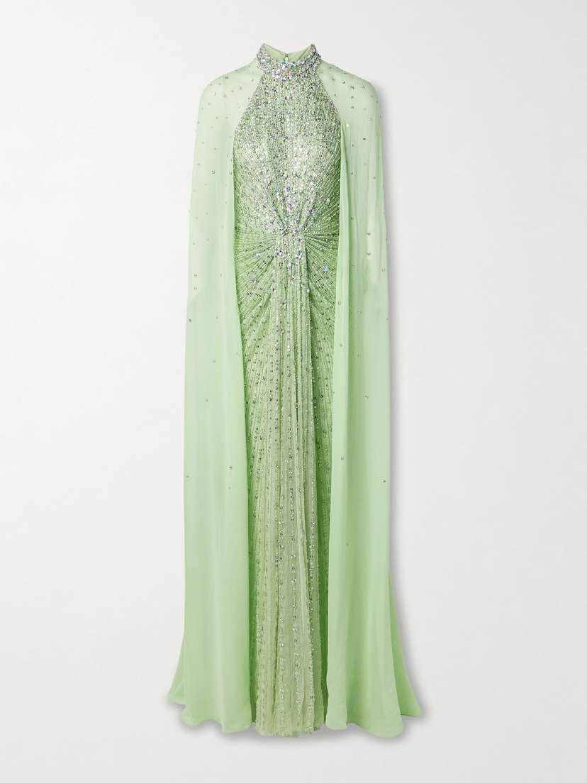 Jenny Packham Cape-effect Embellished Georgette-trimmed Tulle Gown