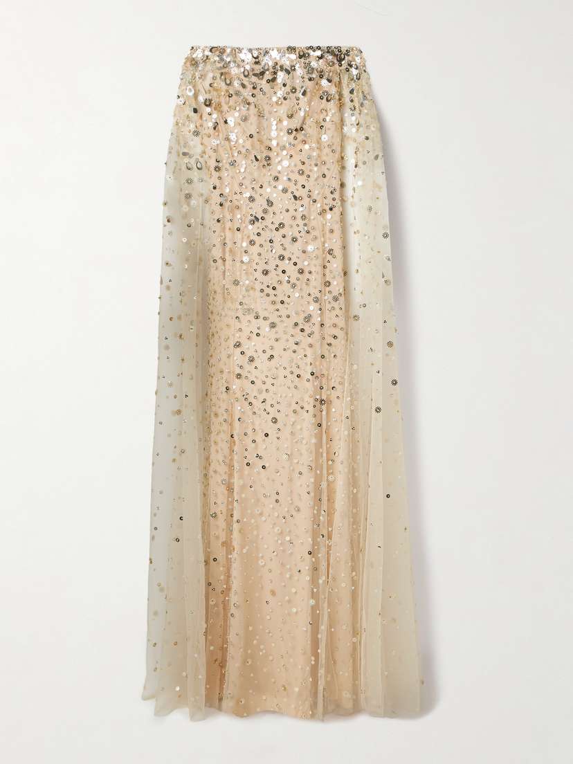 Jenny Packham Cape-effect Embellished Tulle Gown