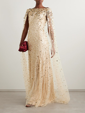 Jenny Packham Cape-effect embellished tulle gown
