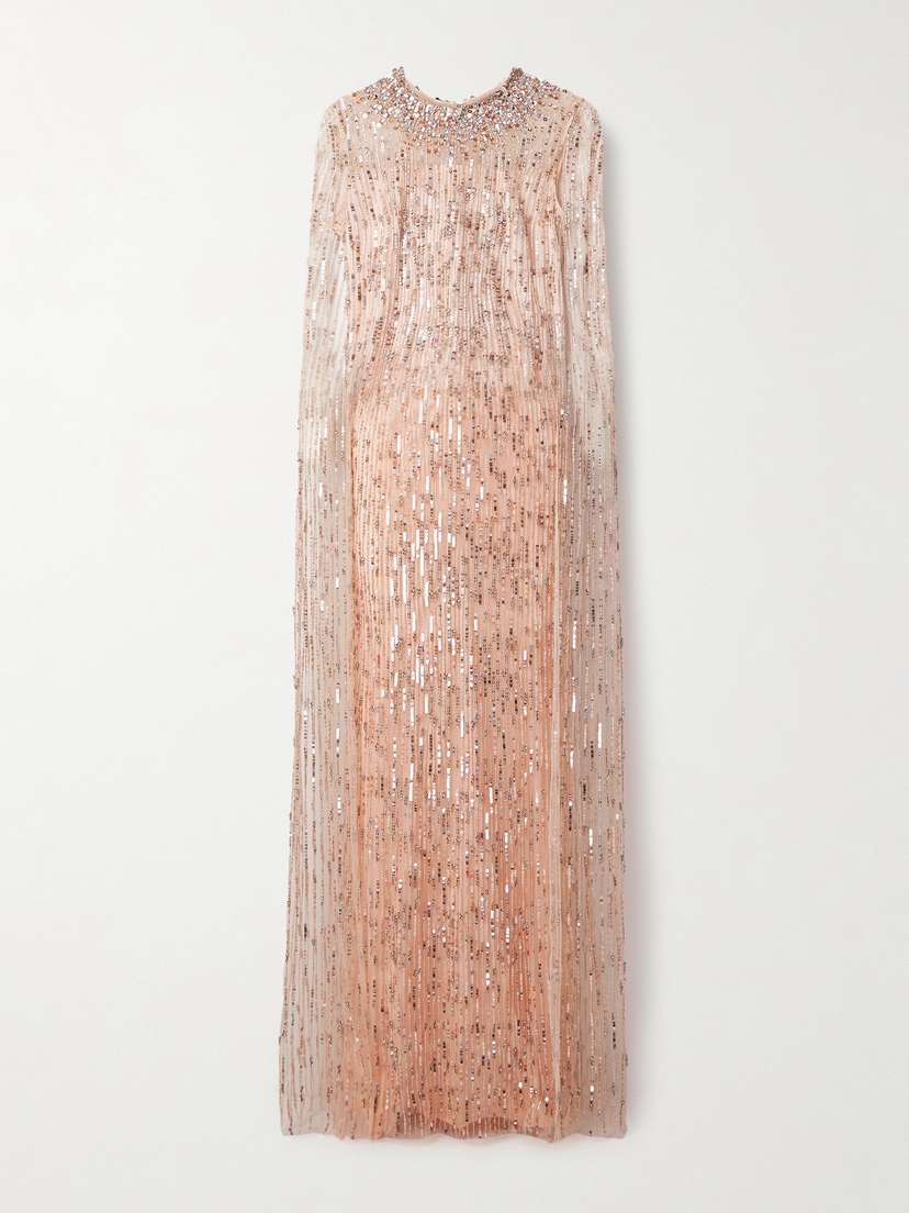 Jenny Packham Cape-effect Embellished Tulle Gown