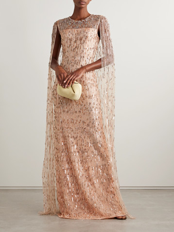 Jenny Packham Cape-effect embellished tulle gown