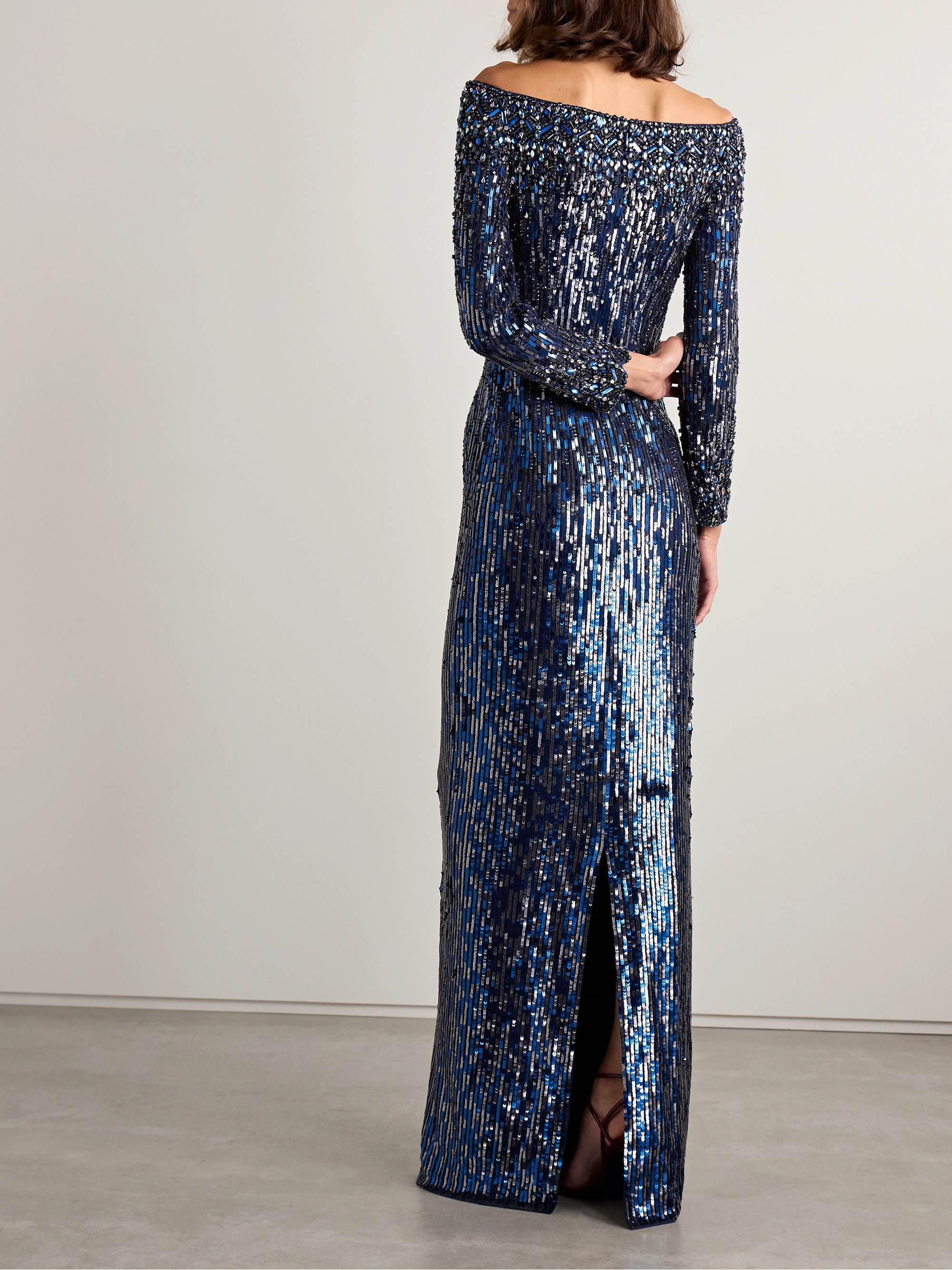 Jenny Packham Off-the-shoulder crystal and sequin-embellished tulle gown