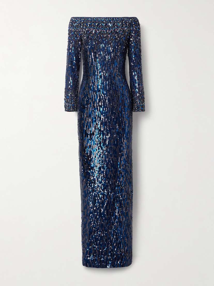 Jenny Packham Off-the-shoulder Crystal And Sequin-embellished Tulle Gown