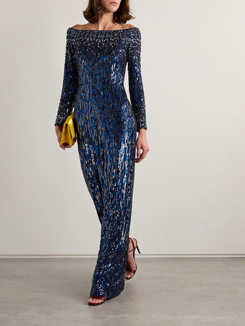 Jenny Packham Off-the-shoulder crystal and sequin-embellished tulle gown