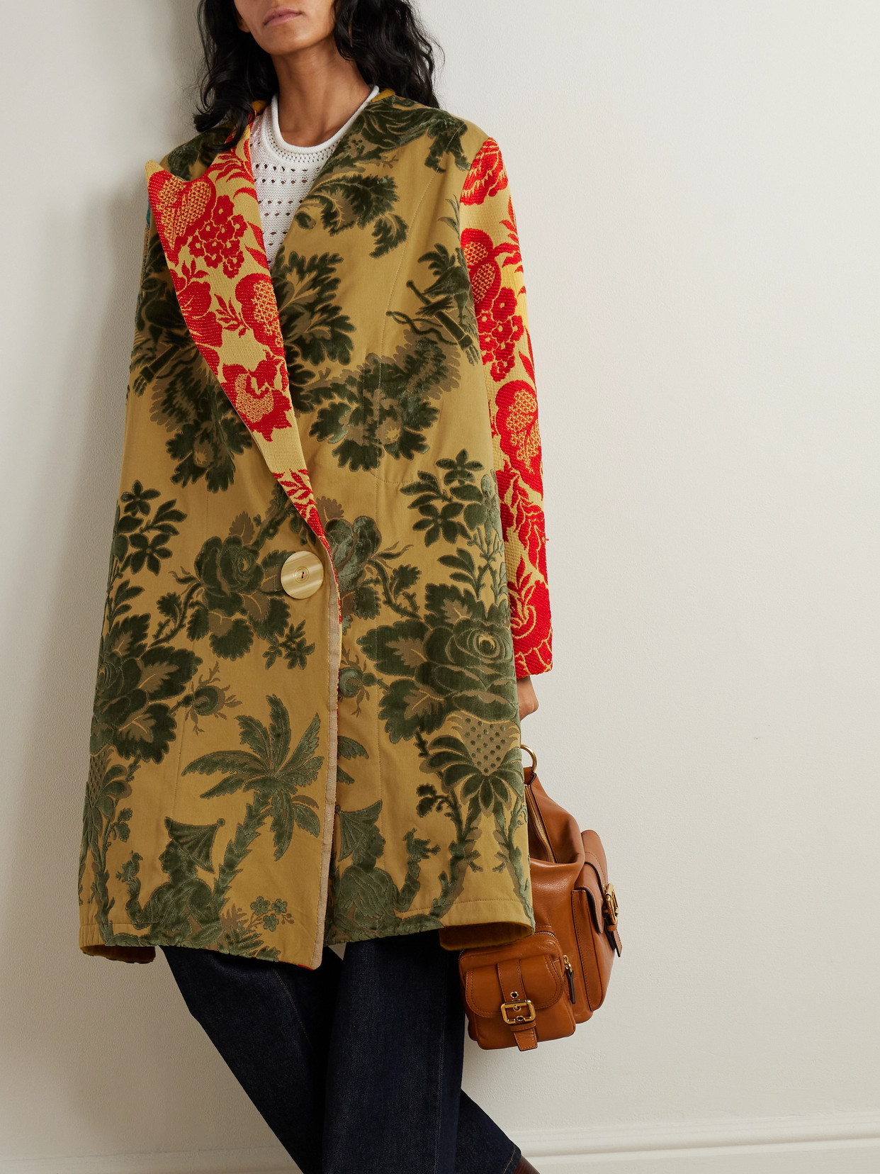 Shop Thank You Have A Good Day Patchwork Cotton-blend Jacquard Coat In Green