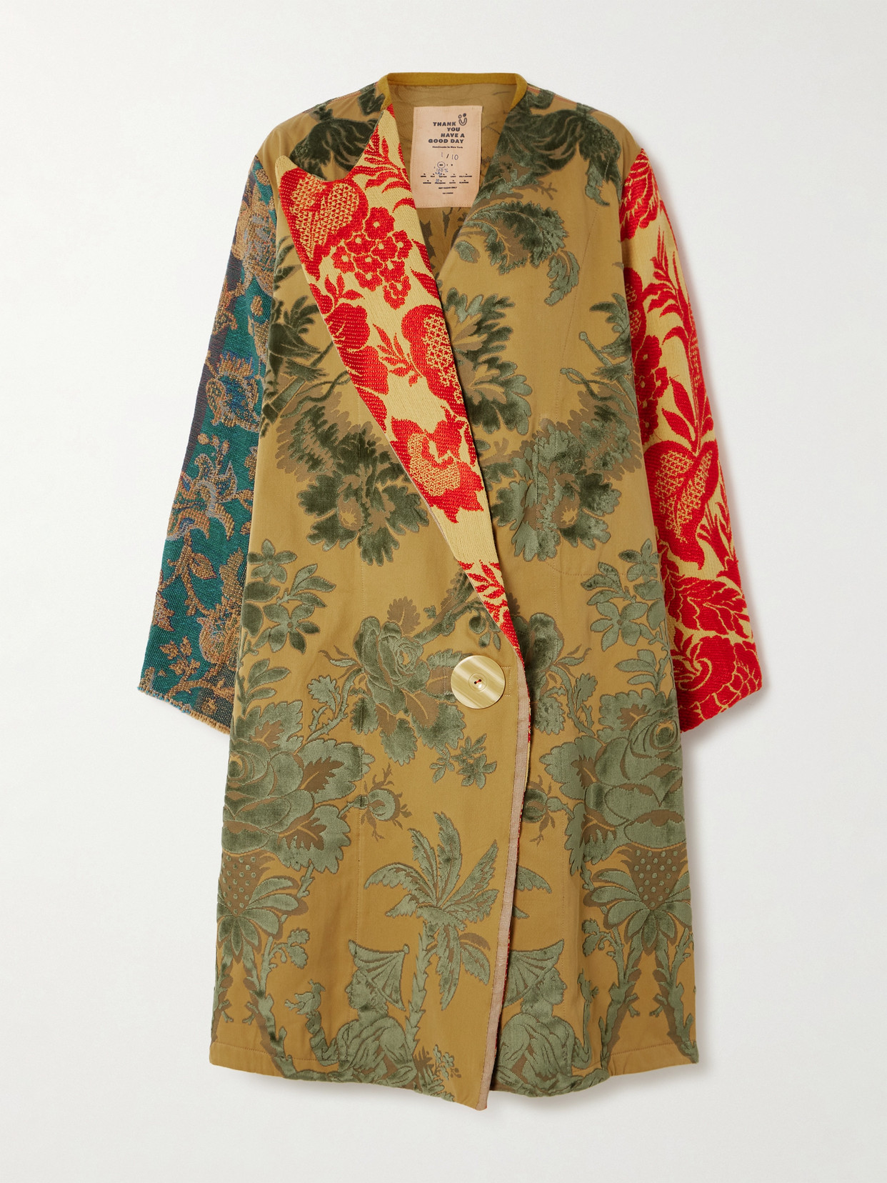 Thank You Have A Good Day Patchwork Cotton-blend Jacquard Coat In Green