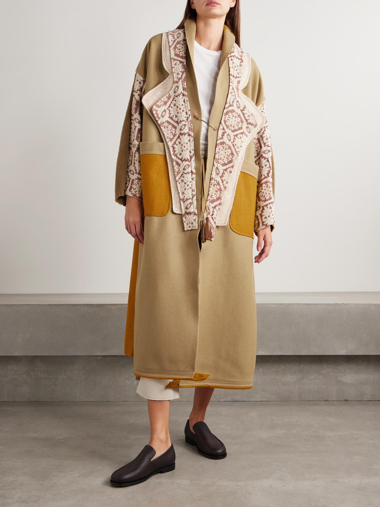 THANK YOU HAVE A GOOD DAY CROSBY PATCHWORK WOOL-FELT AND COTTON-JACQUARD COAT