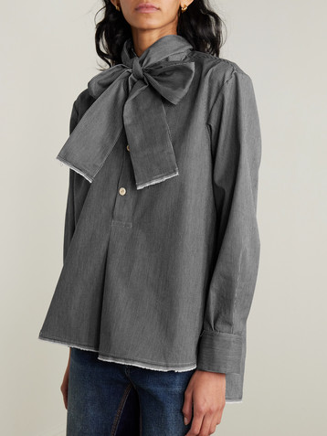 THANK YOU HAVE A GOOD DAY Tie-detailed striped cotton-blend shirt