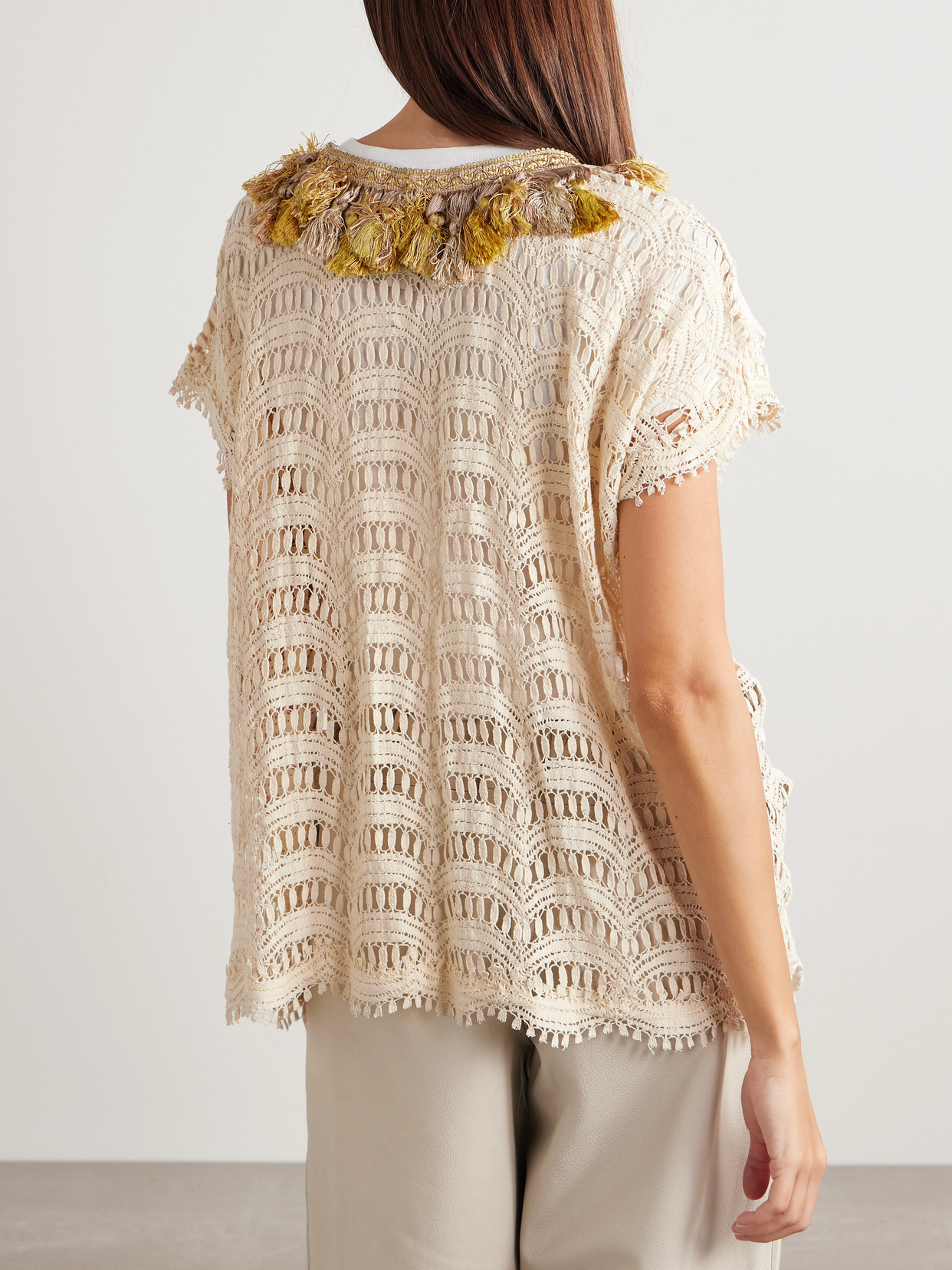 THANK YOU HAVE A GOOD DAY TASSELED PATCHWORK CROCHETED COTTON TOP