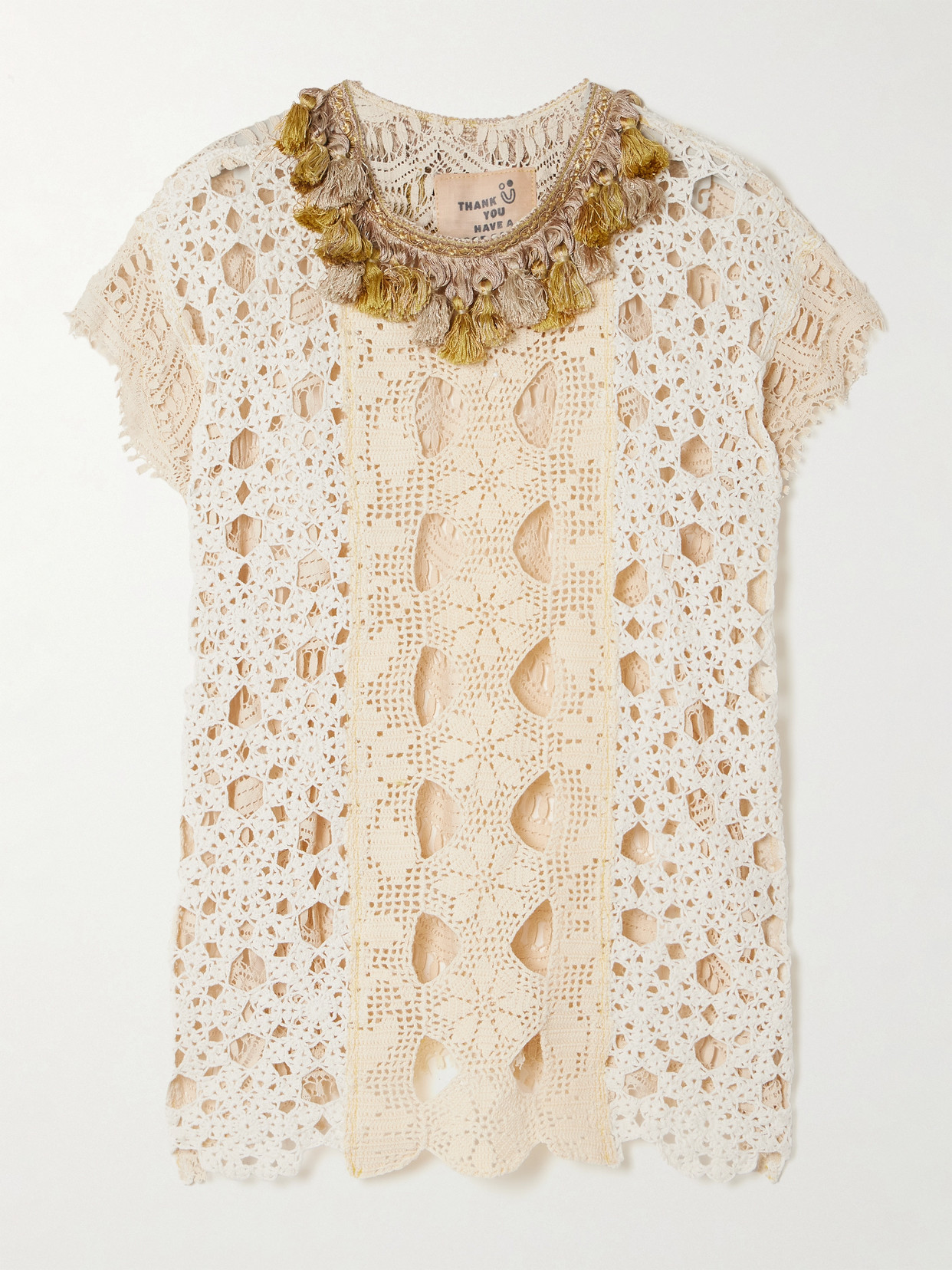 Thank You Have A Good Day Tasseled Patchwork Crocheted Cotton Top In Neutral