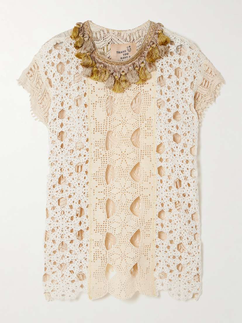 Thank You Have A Good Day Tasseled Patchwork Crocheted Cotton Top
