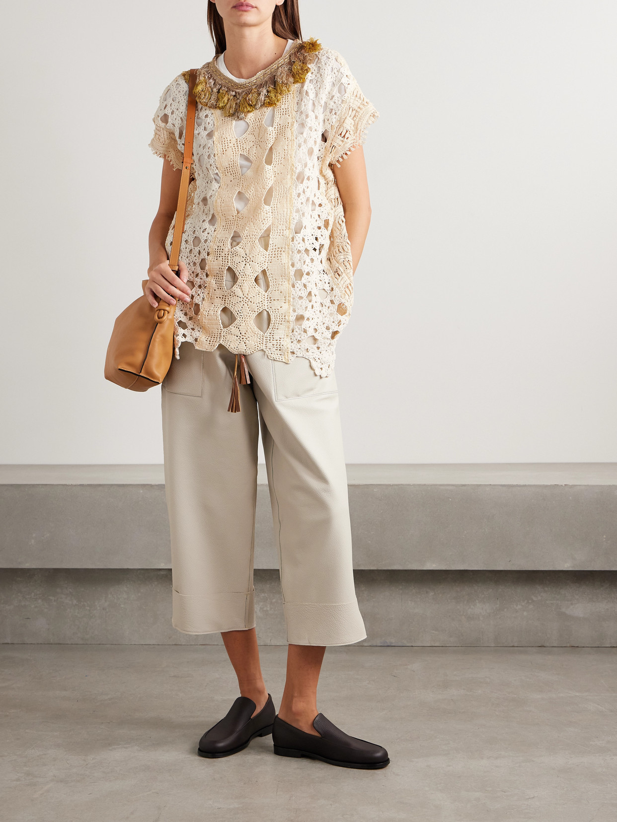 THANK YOU HAVE A GOOD DAY TASSELED PATCHWORK CROCHETED COTTON TOP