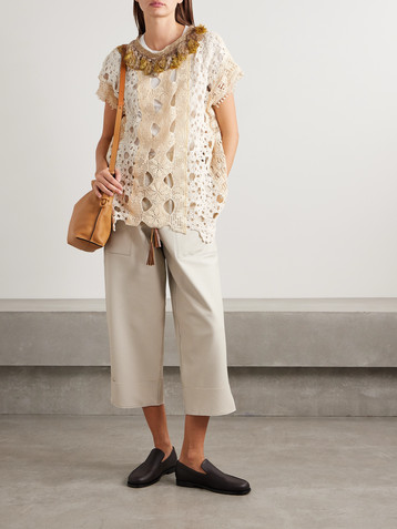 THANK YOU HAVE A GOOD DAY Tasseled patchwork crocheted cotton top