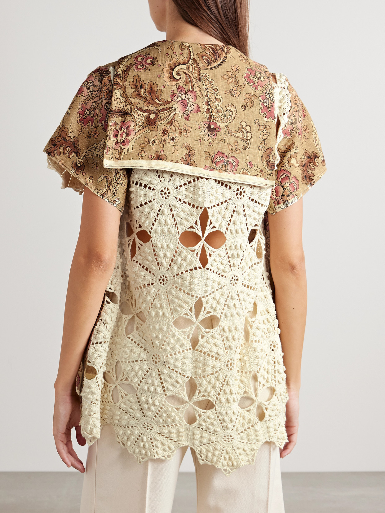 Thank You Have A Good Day Mariah Paneled Crocheted Cotton And Floral-print Linen Shirt In Brown