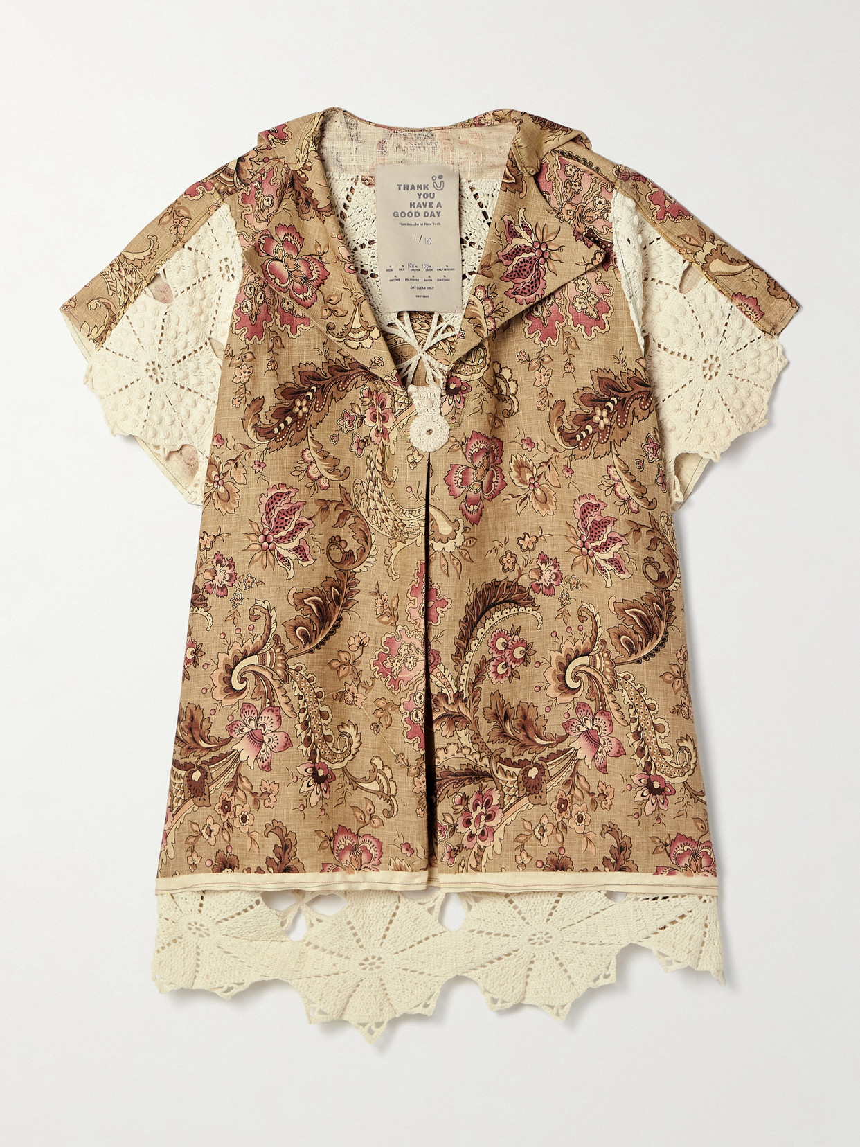 Thank You Have A Good Day Mariah Paneled Crocheted Cotton And Floral-print Linen Shirt In Brown