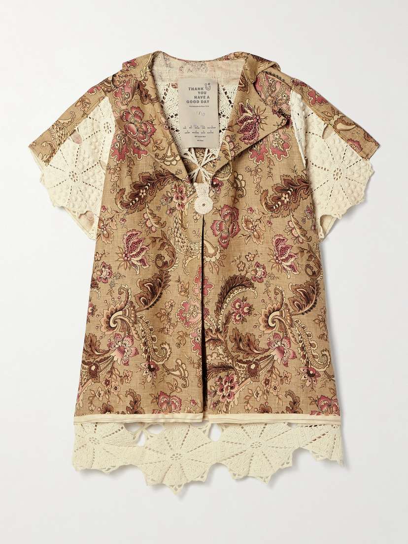 Thank You Have A Good Day Mariah Paneled Crocheted Cotton And Floral-print Linen Shirt
