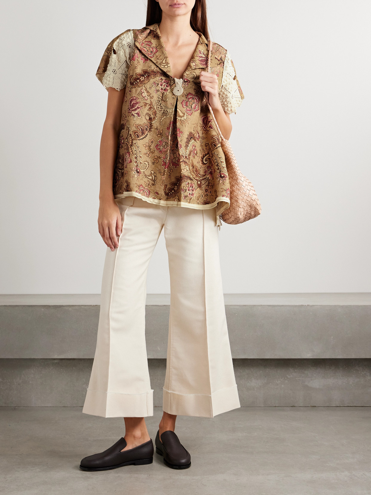 Thank You Have A Good Day Mariah Paneled Crocheted Cotton And Floral-print Linen Shirt In Brown
