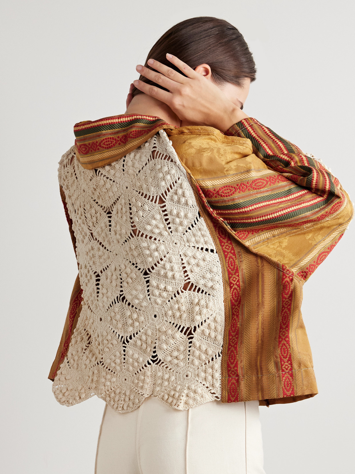 Thank You Have A Good Day Gaeta Crochet-paneled Cotton-blend Jacquard Jacket In Brown