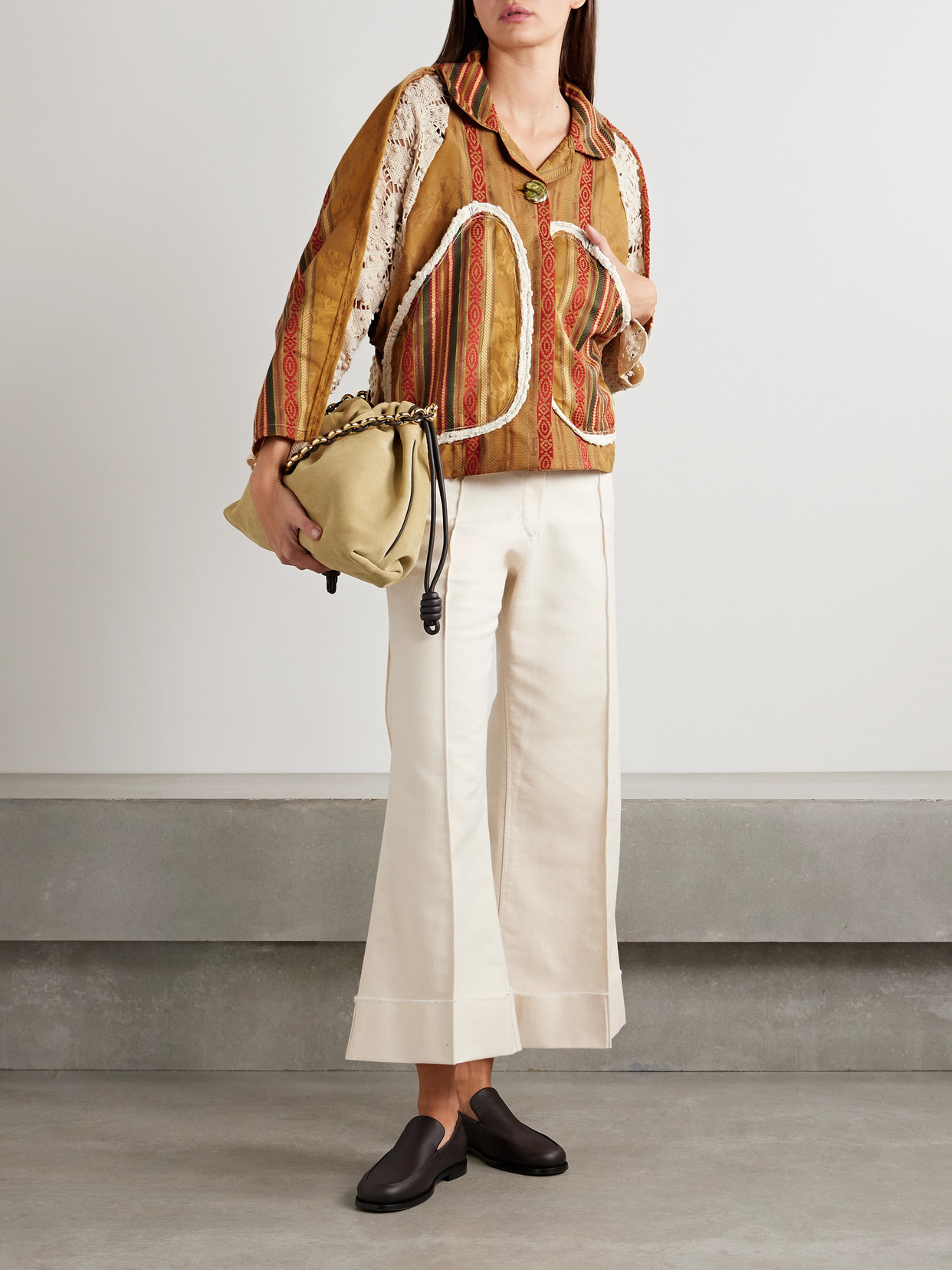Thank You Have A Good Day Gaeta Crochet-paneled Cotton-blend Jacquard Jacket In Brown
