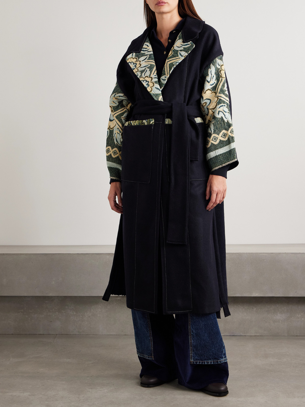 Thank You Have A Good Day Crosby Jacquard-trimmed Wool Coat In Blue