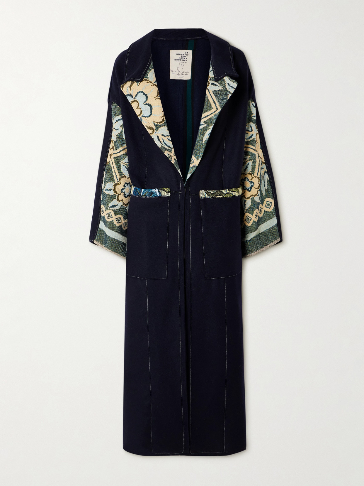 Thank You Have A Good Day Crosby Jacquard-trimmed Wool Coat In Blue