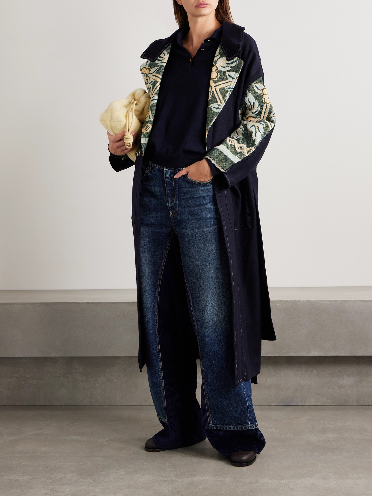 Thank You Have A Good Day Crosby Jacquard-trimmed Wool Coat In Blue