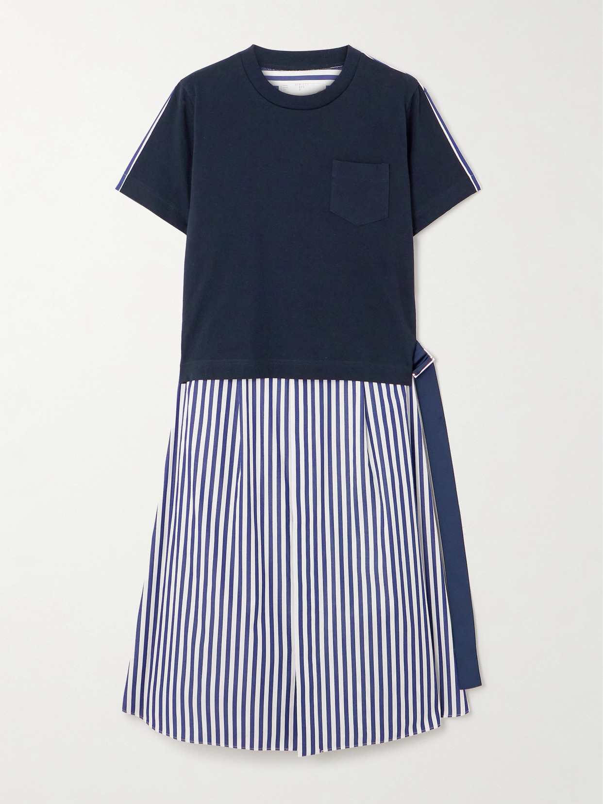 Sacai Belted Striped Cotton-poplin And Jersey Midi Dress In Blue