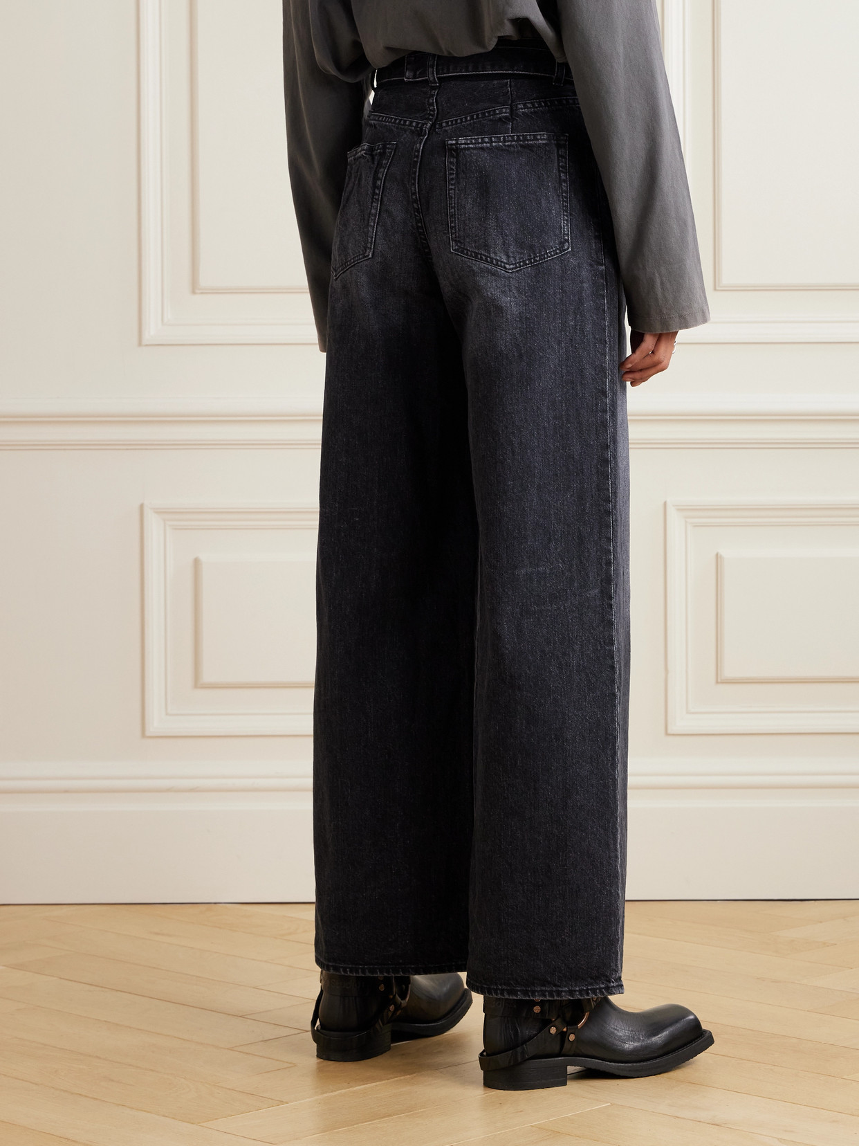 Sacai Belted High-rise Wide-leg Jeans In Black