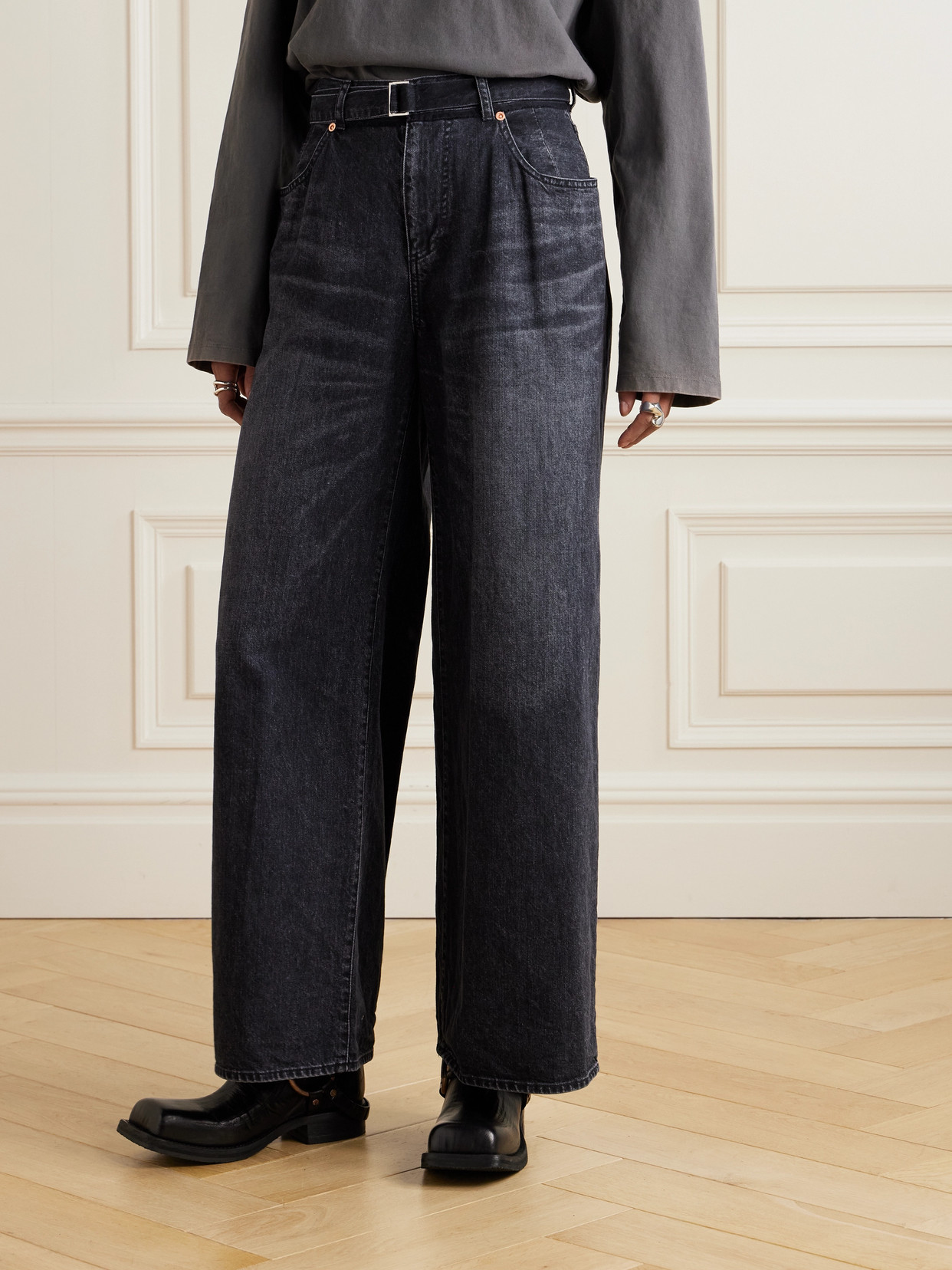 Sacai Belted High-rise Wide-leg Jeans In Black