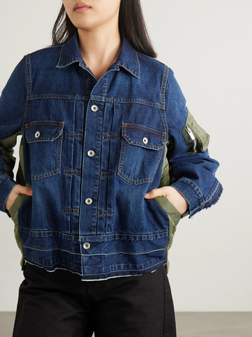 Sacai Paneled distressed denim and shell jacket