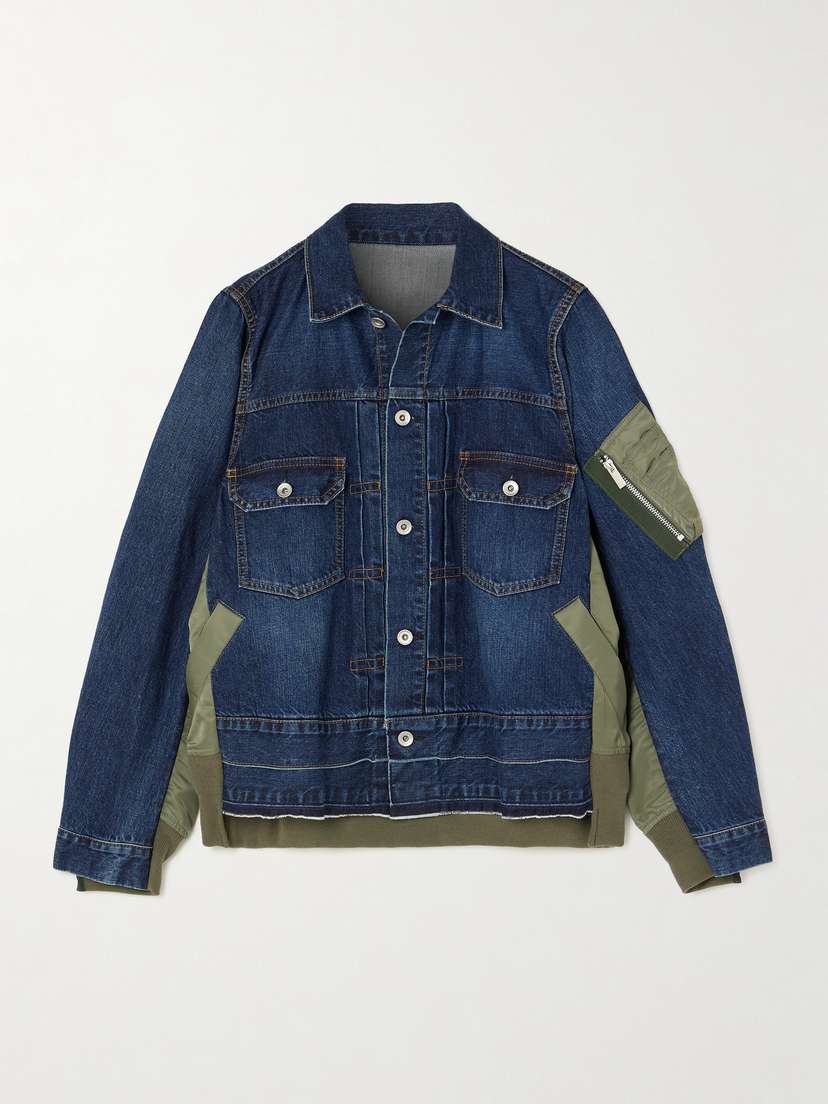 Sacai Paneled Distressed Denim And Shell Jacket