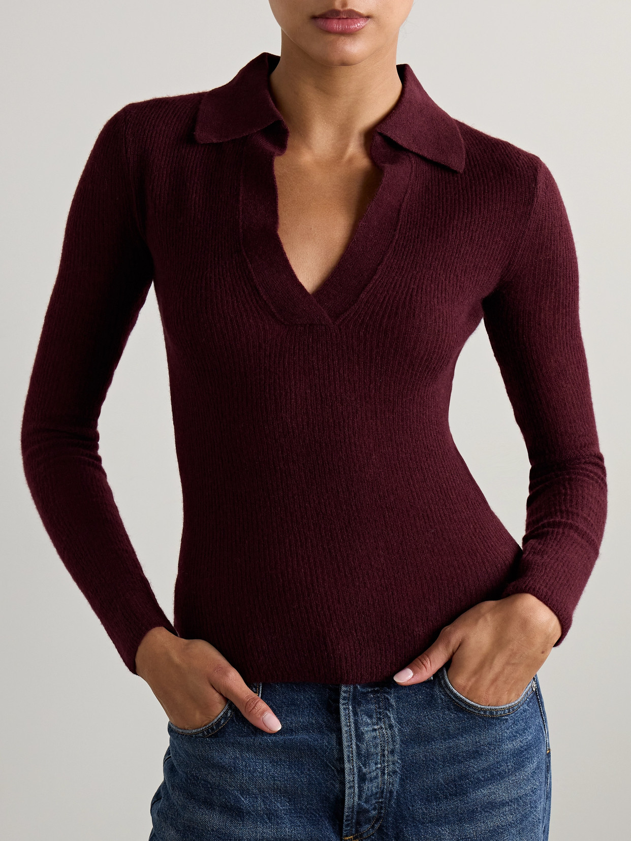 Citizen Of Humanity Simone Ribbed Wool And Cashmere-blend Polo Sweater In Burgundy