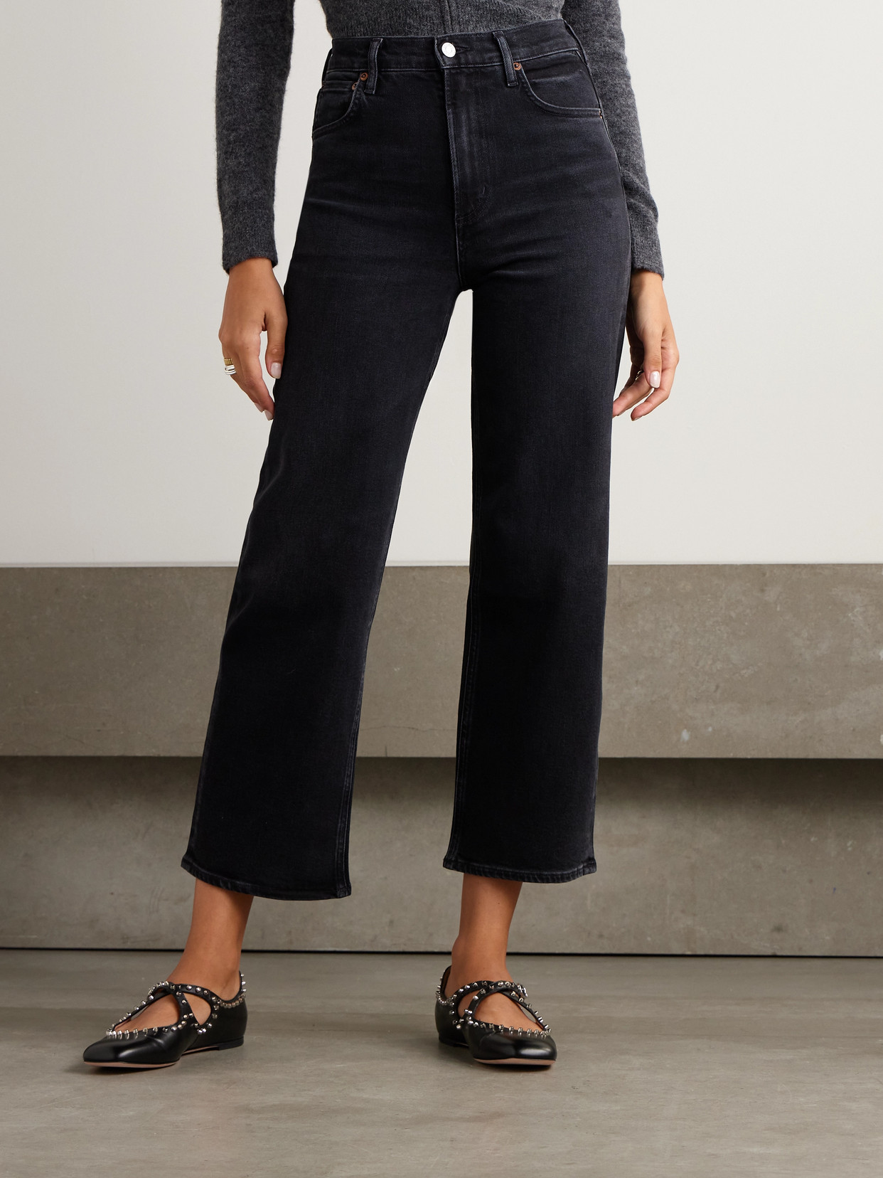 Agolde Ren Cropped High-rise Wide-leg Jeans In Black