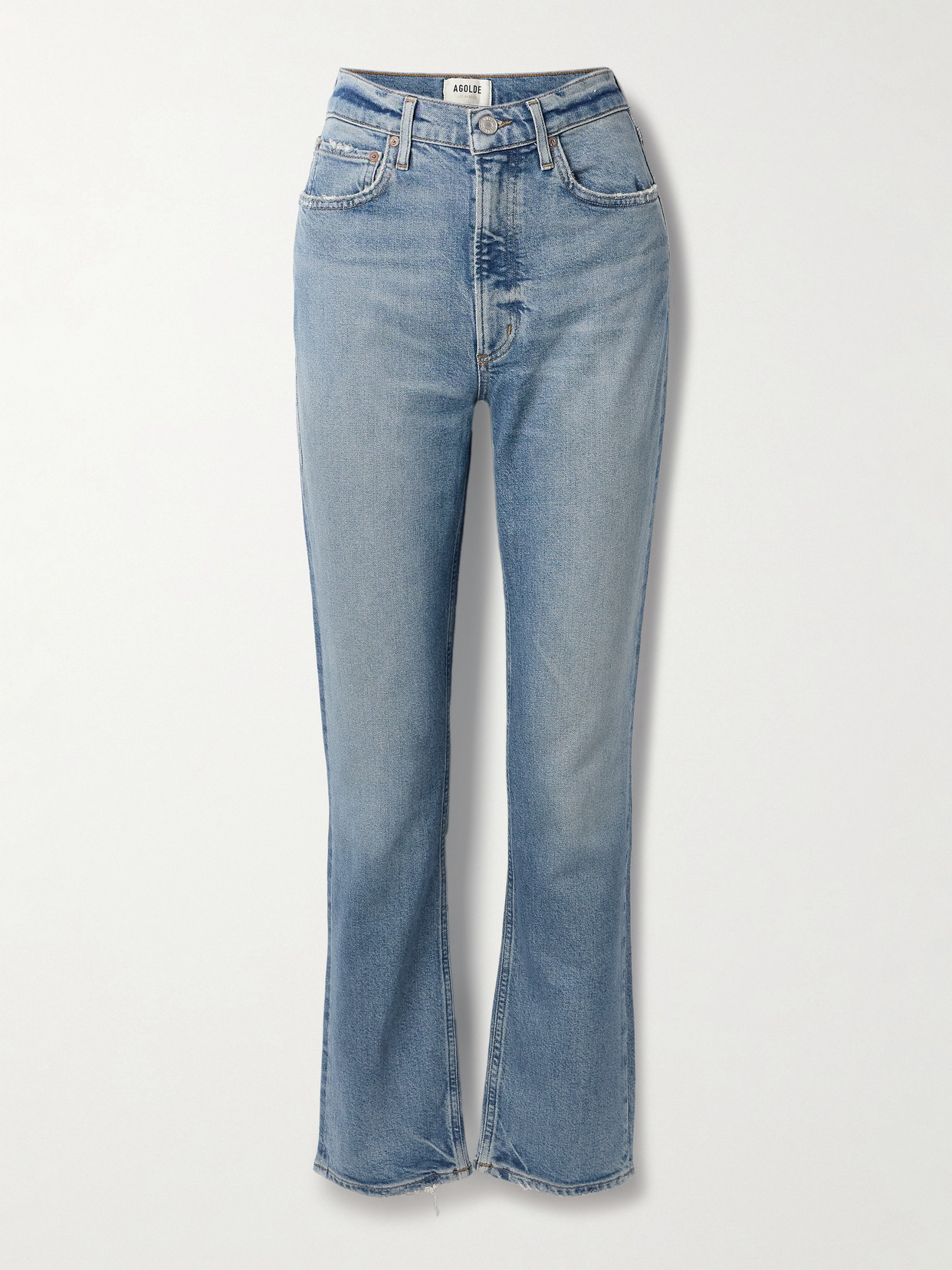 Agolde High Rise Stovepipe Frayed Straight-leg Organic Jeans In Blue