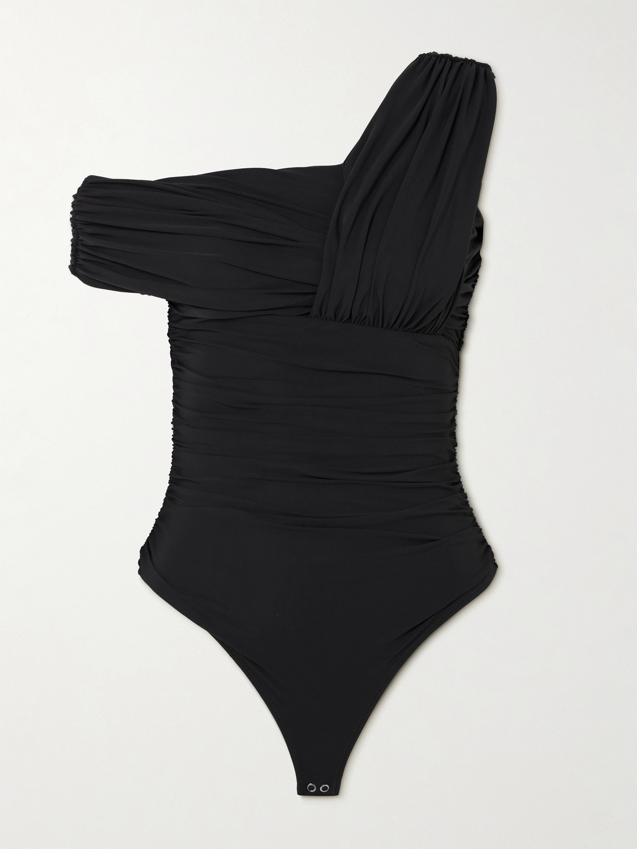 Agolde Etienne Off-the-shoulder Ruched Stretch-jersey Thong Bodysuit In Black