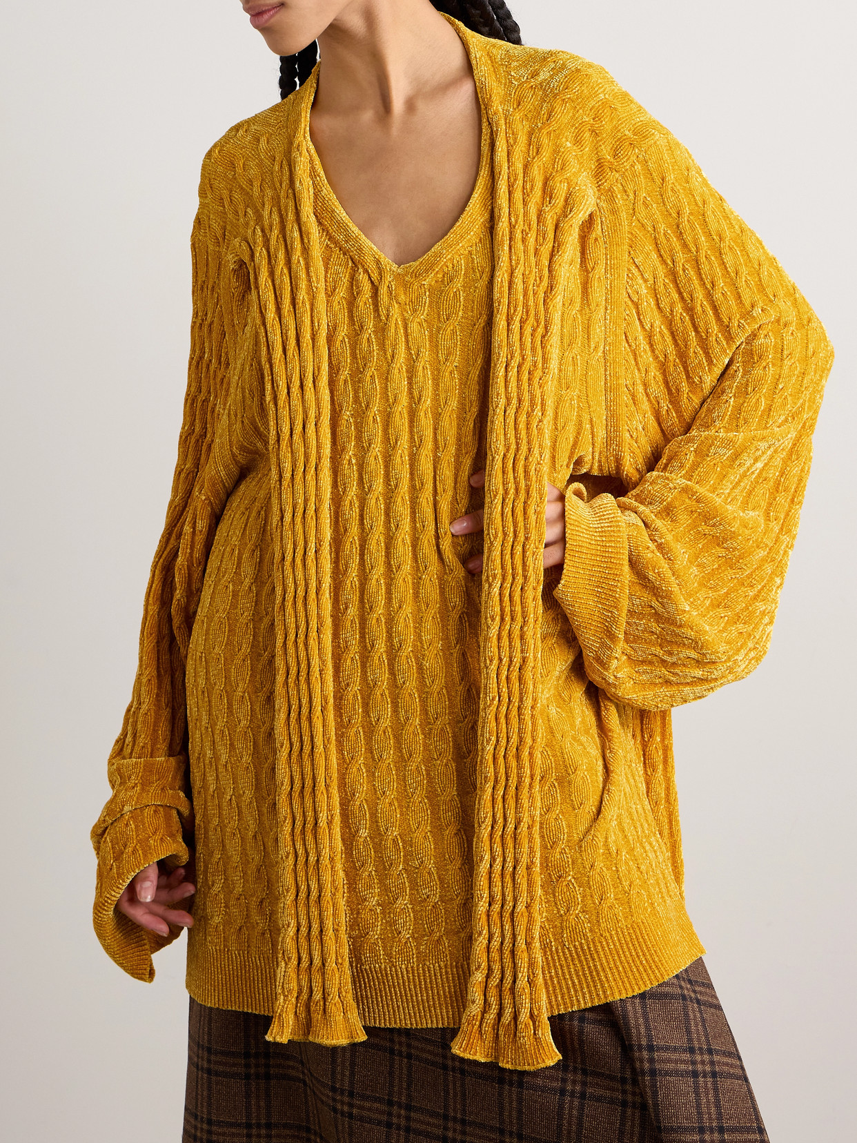 Oversized Scarf-Detailed Cable-Knit Chenille Sweater