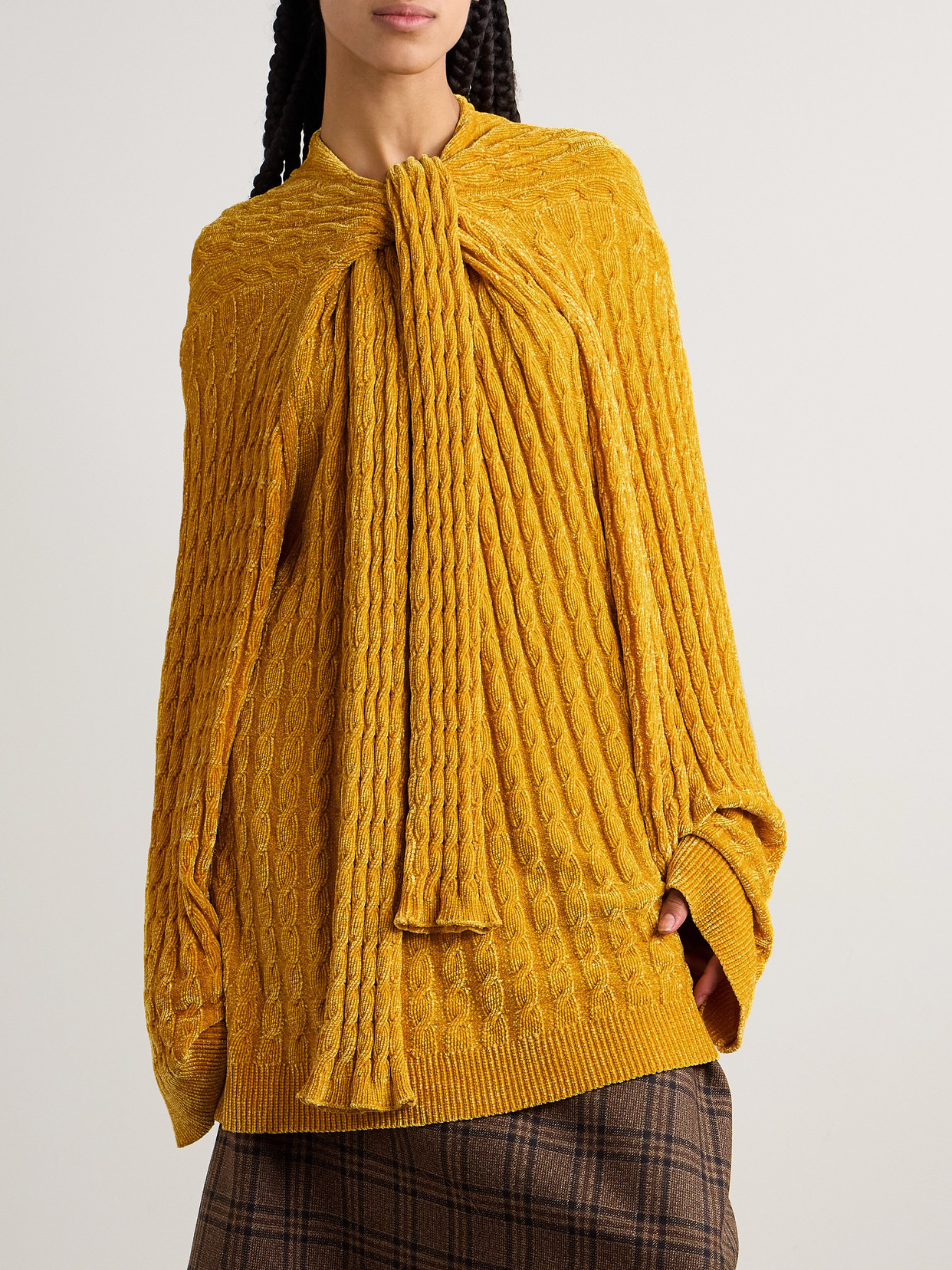 Oversized Scarf-Detailed Cable-Knit Chenille Sweater