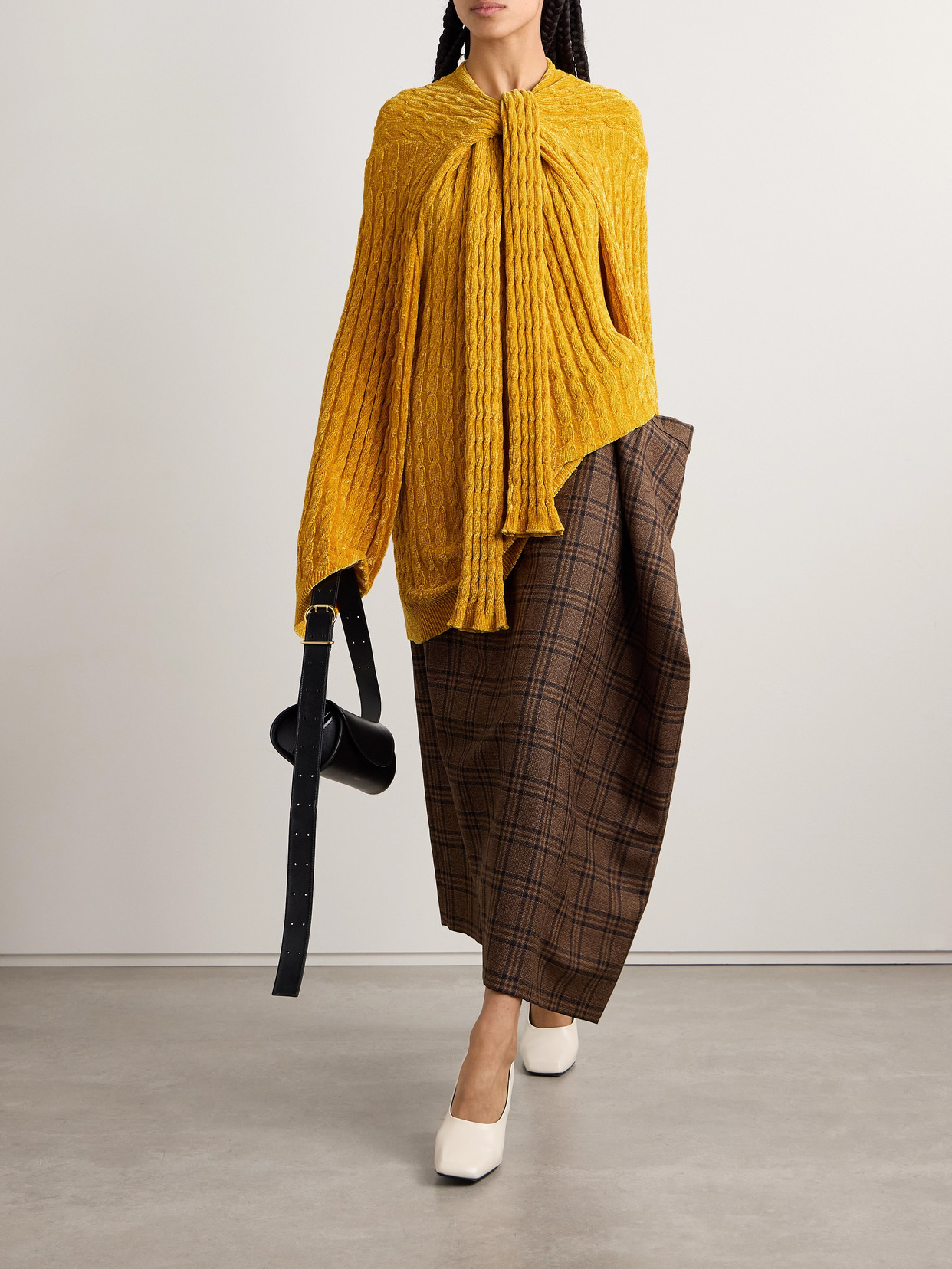 Oversized Scarf-Detailed Cable-Knit Chenille Sweater
