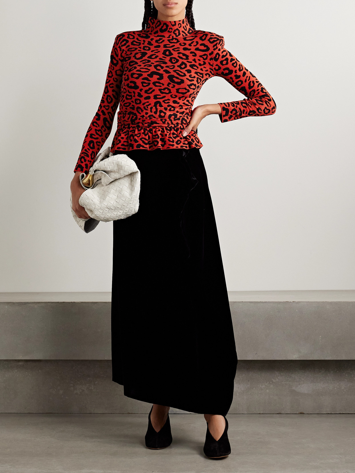 MARIE ADAM-LEENAERDT RUCHED JACQUARD-KNIT PEPLUM TOP