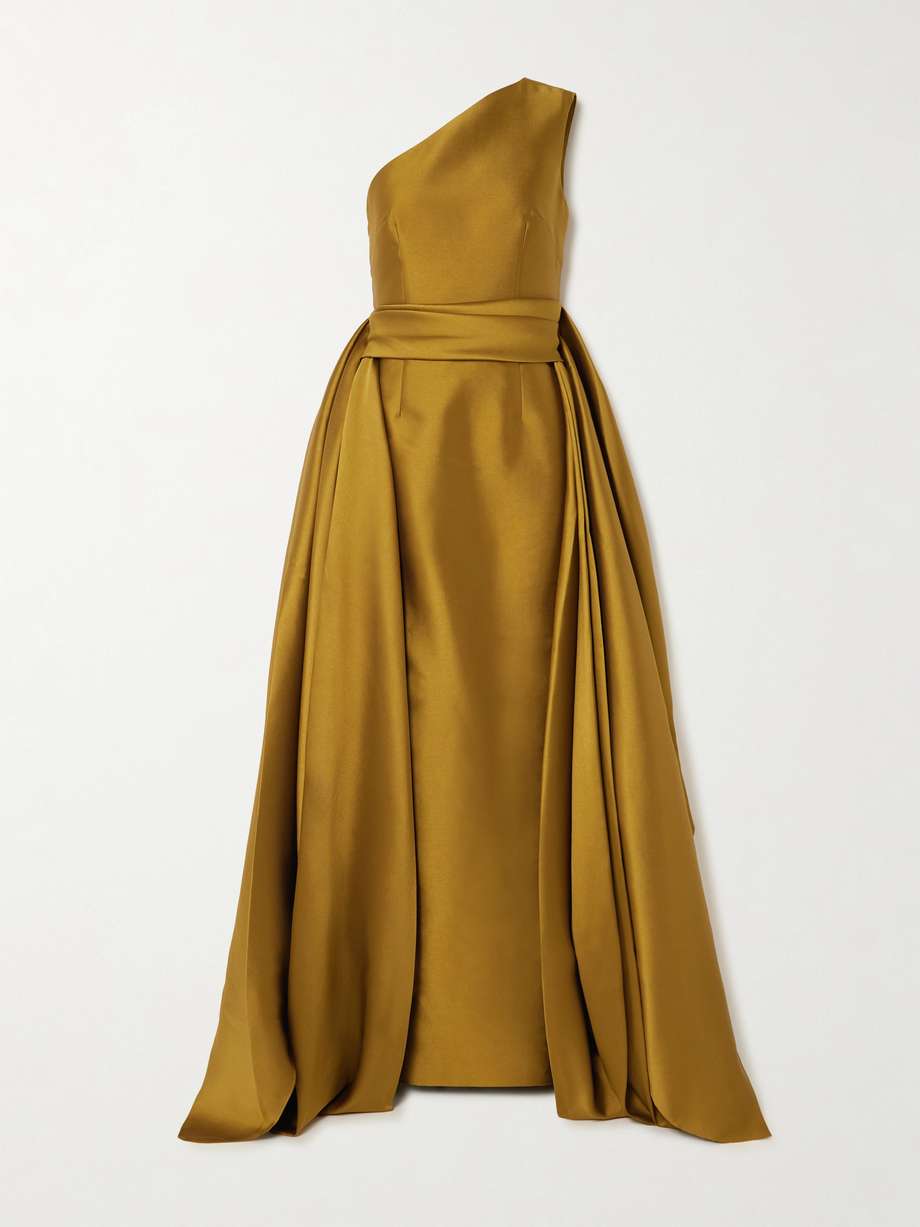 charo one-shoulder draped satin-twill gown