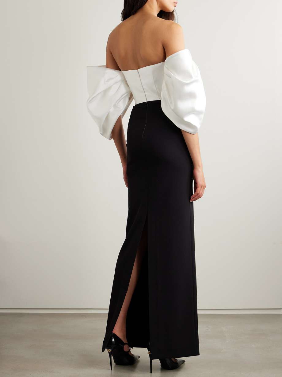arla off-the-shoulder gathered satin-twill and crepe gown