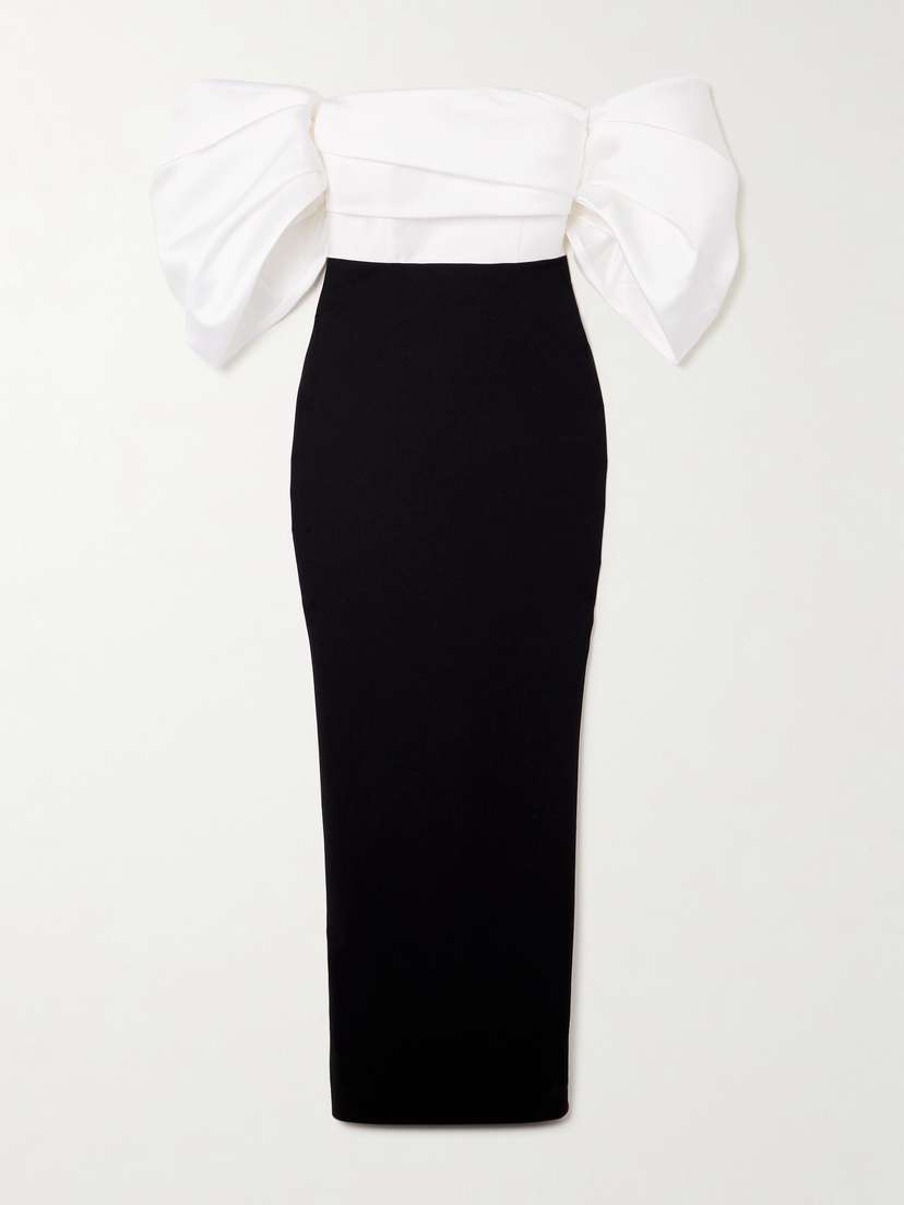 Solace London Arla Off-the-shoulder Gathered Satin-twill And Crepe Gown