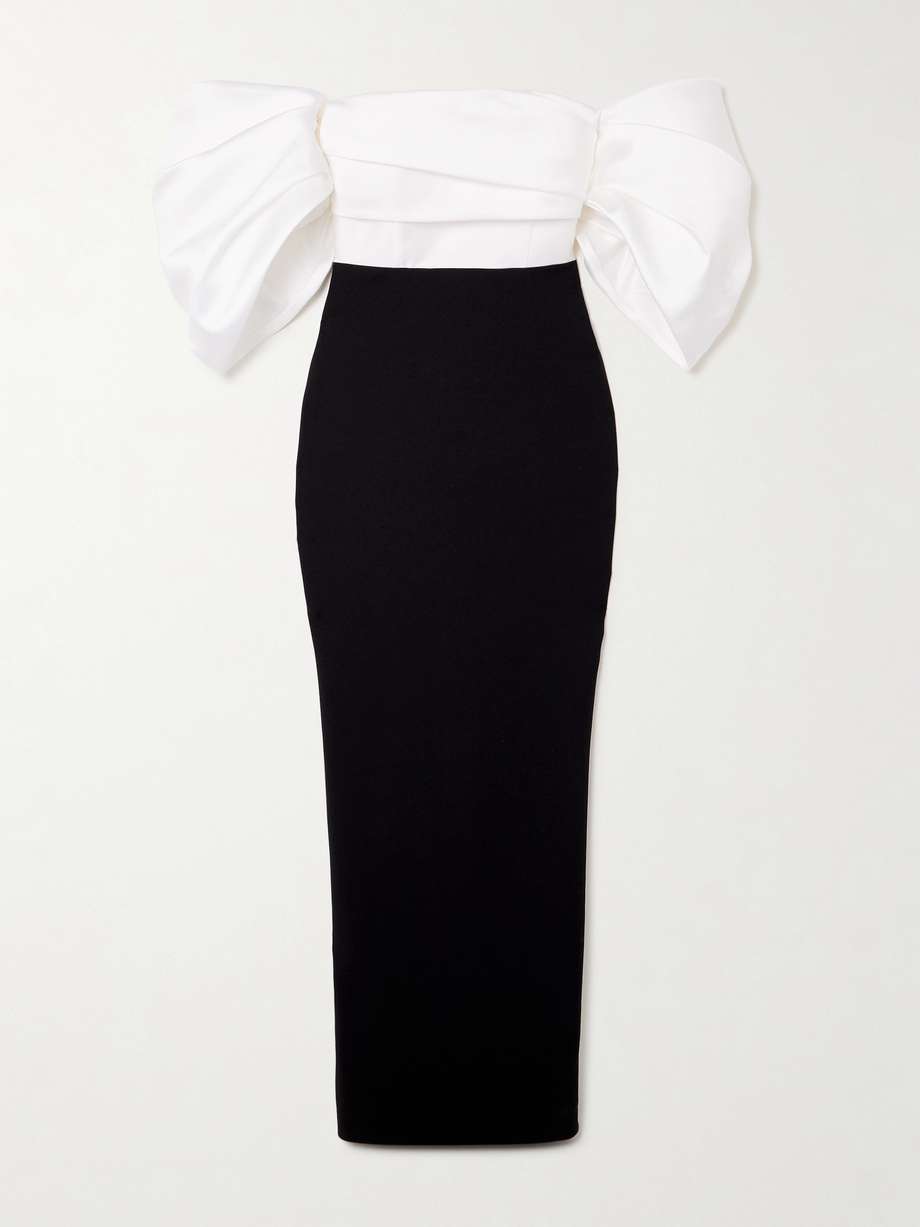 arla off-the-shoulder gathered satin-twill and crepe gown