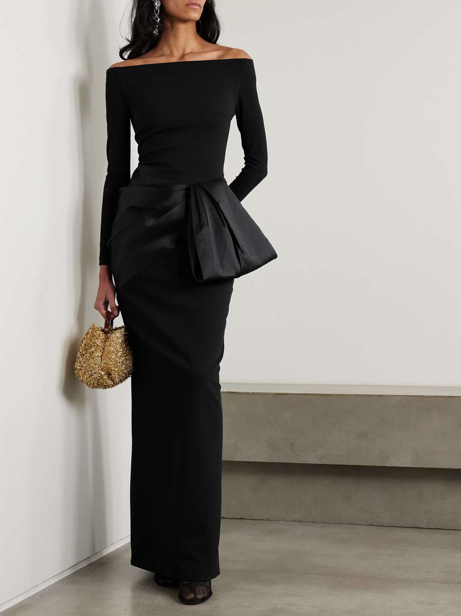 kori off-the-shoulder faille-trimmed crepe gown