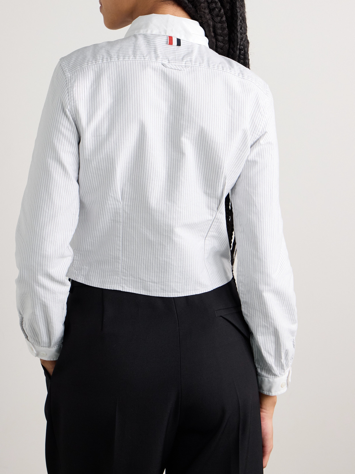 THOM BROWNE CROPPED POPLIN-TRIMMED STRIPED COTTON OXFORD SHIRT