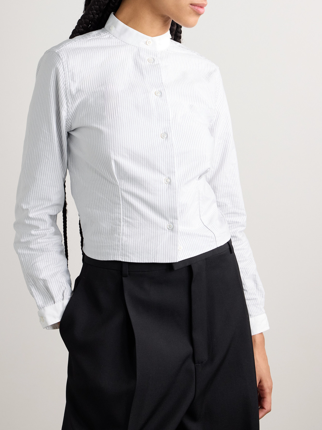 THOM BROWNE CROPPED POPLIN-TRIMMED STRIPED COTTON OXFORD SHIRT