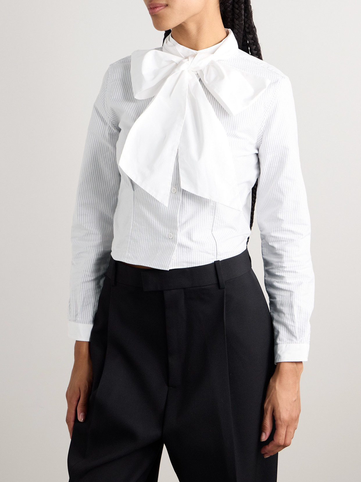 THOM BROWNE CROPPED POPLIN-TRIMMED STRIPED COTTON OXFORD SHIRT