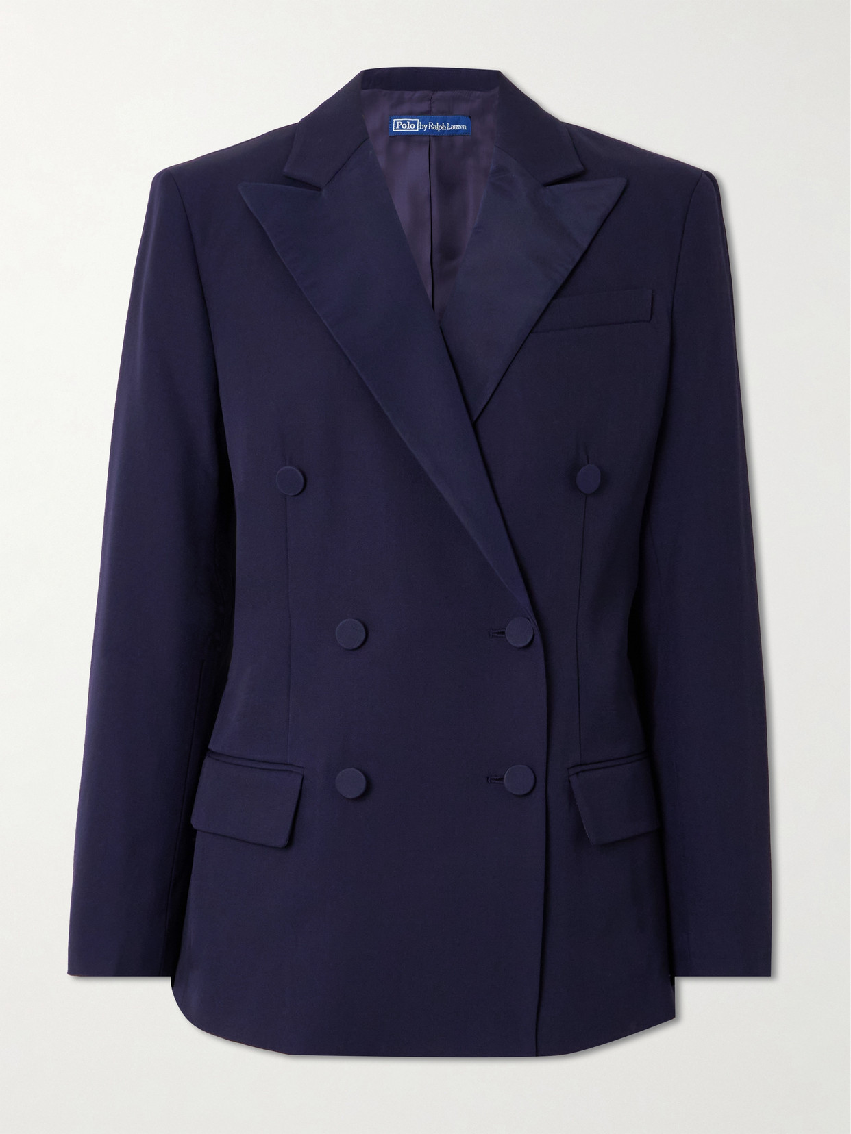Polo Ralph Lauren Double-breasted Mulberry Silk Satin-trimmed Wool Blazer In Blue