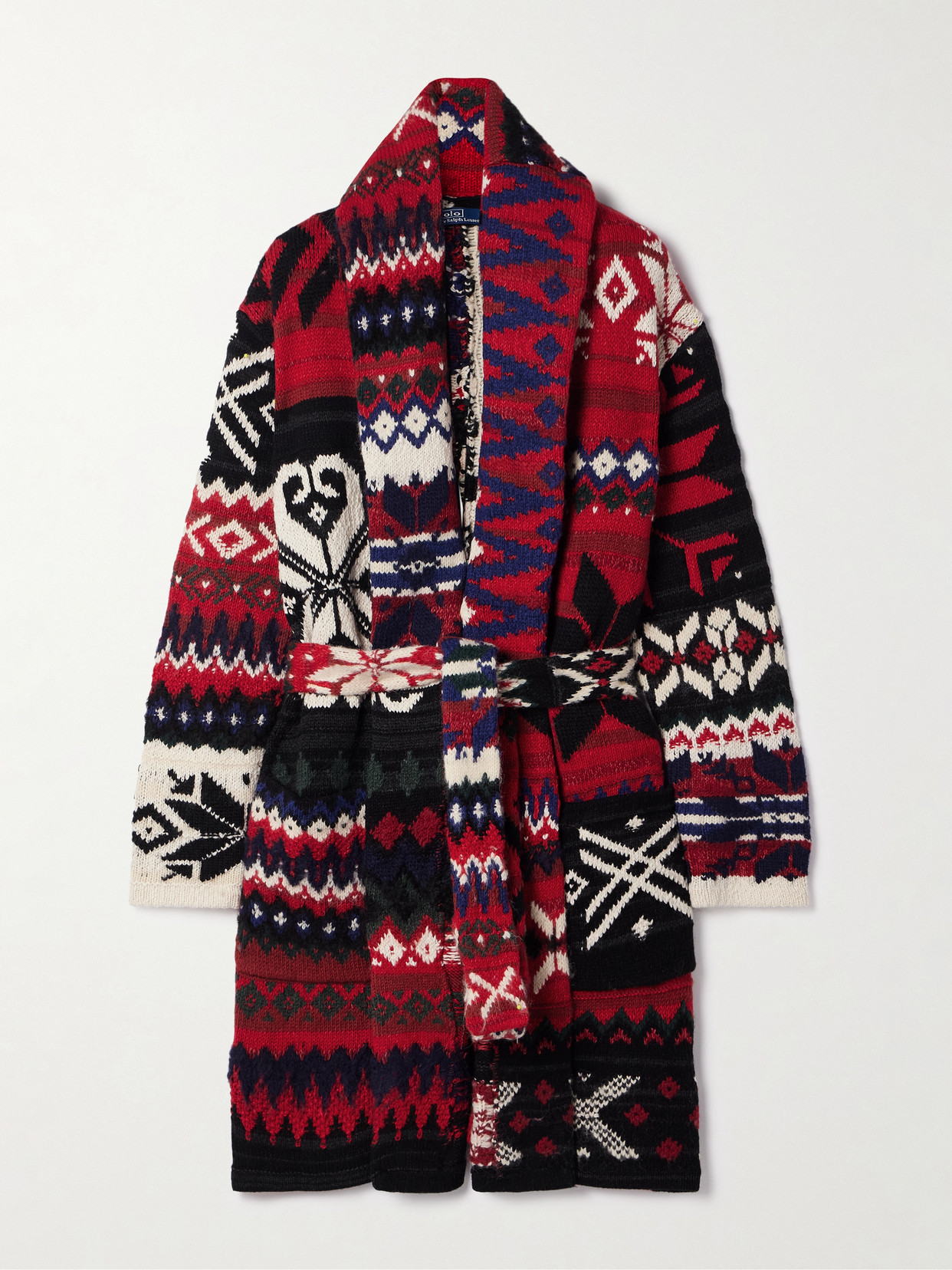 Polo Ralph Lauren Belted Fair Isle Wool-blend Cardigan In Red
